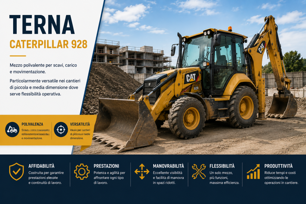 erna Caterpillar 928 Mezzo polivalente per scavi, carico e movimentazione. Particolarmente versatile nei cantieri di piccola e media dimensione dove serve flessibilità operativa.