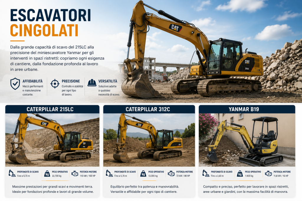 Escavatori Cingolati Caterpillar 215LC Caterpillar 312C Yanmar B19 Dalla grande capacità di scavo del 215LC alla precisione del miniescavatore Yanmar per gli interventi in spazi ristretti: copriamo ogni esigenza di cantiere, dalla fondazione profonda al lavoro in aree urbane.